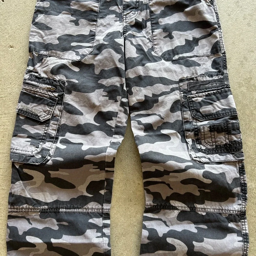 Vintage Y2K Old Navy Cargo Pants Boys 14 Husky Gray Black Woodland Camo Tactical